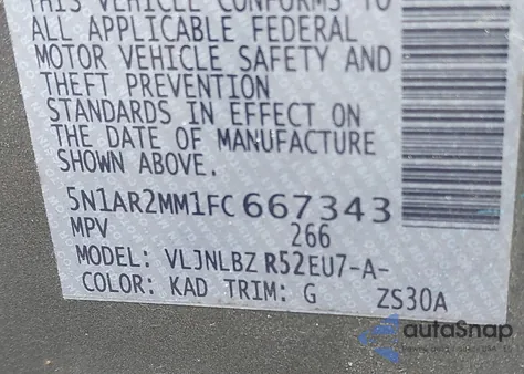 2015 Nissan Pathfinder S z USA, uszkodzony, nr VIN 5N1AR2MM1FC667343